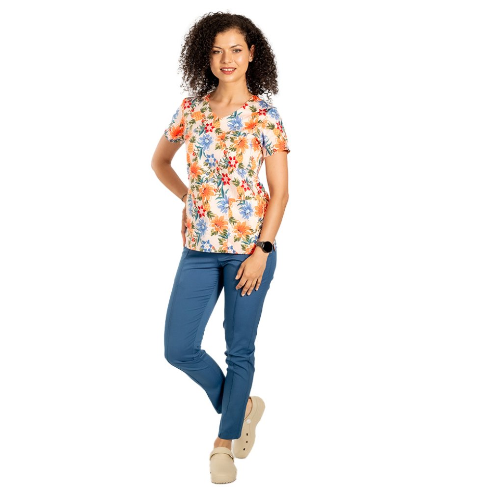 Virágmintás orvosi köpeny három foltzsebbel 