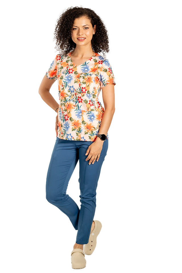 Virágmintás orvosi köpeny három foltzsebbel 