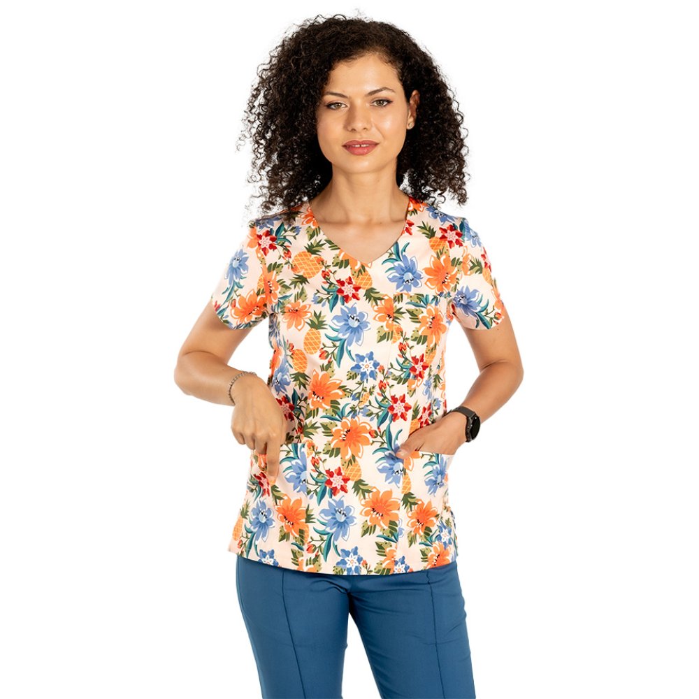 Virágmintás orvosi köpeny három foltzsebbel 