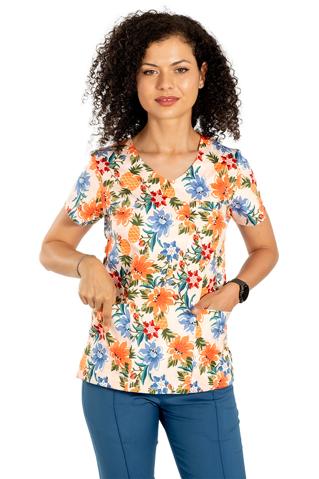 Virágmintás orvosi köpeny három foltzsebbel 