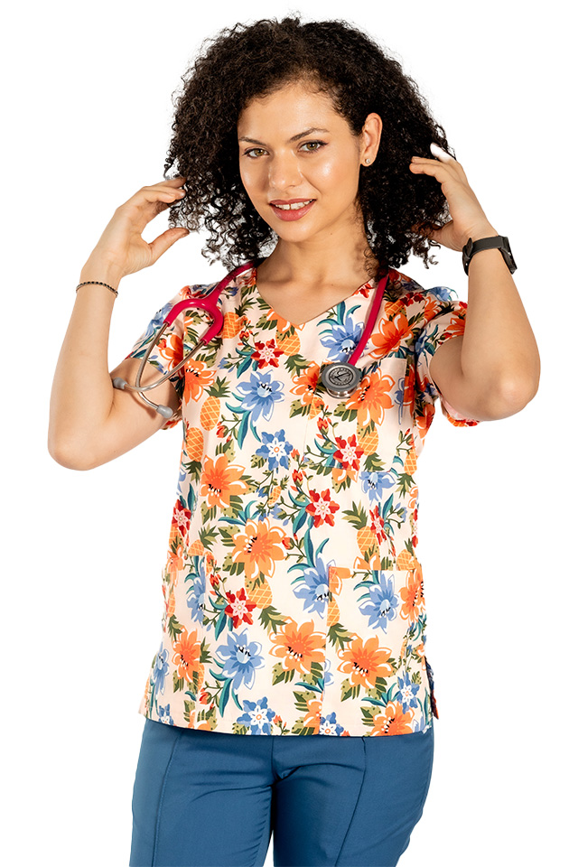 Virágmintás orvosi köpeny három foltzsebbel 