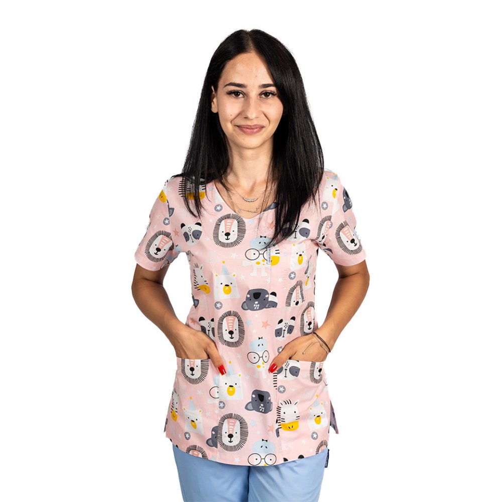 Oroszlános orvosi jelmez, mintás blúzzal és rugalmas nadrággal