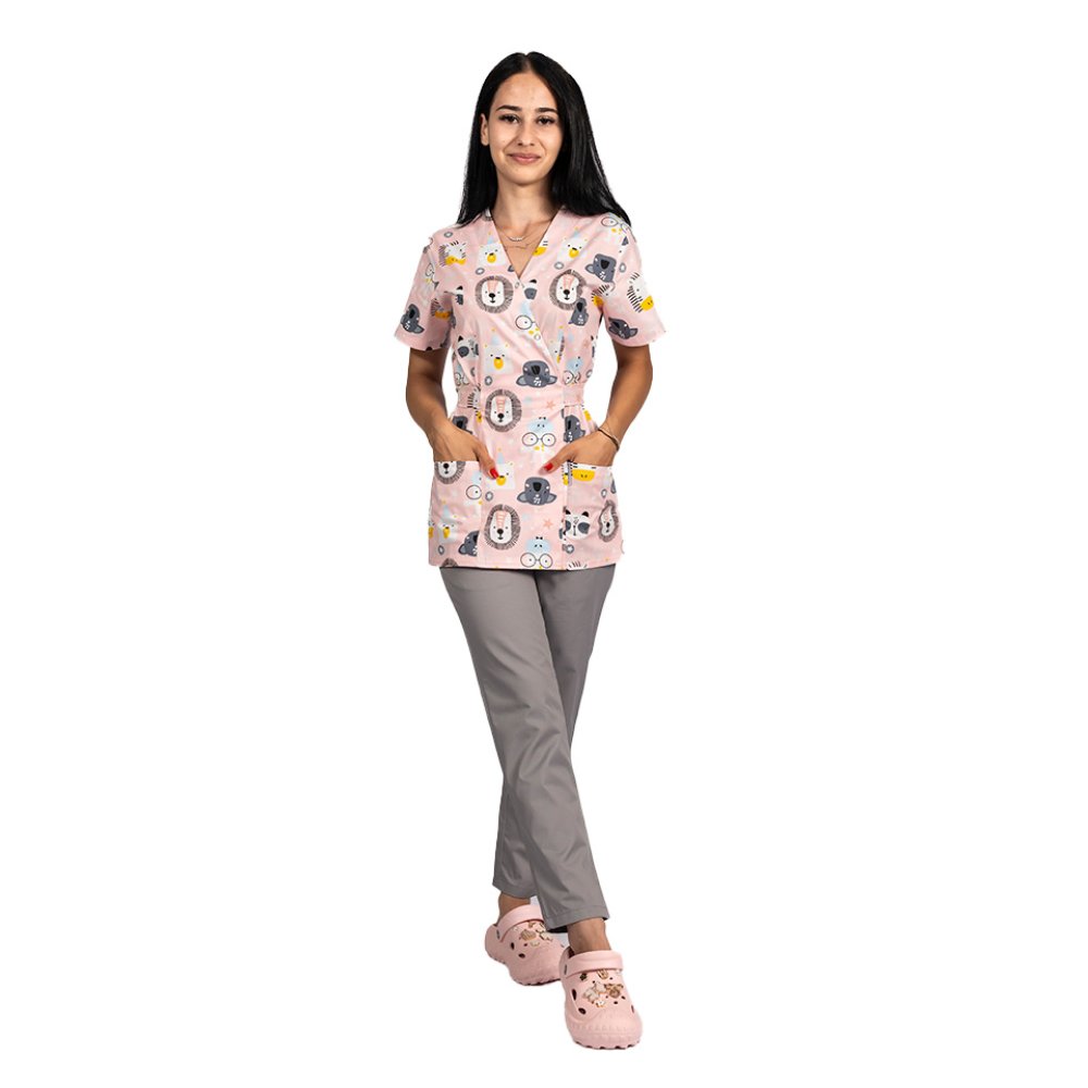 Oroszlános kimonó orvosi öltöny, mintás blúzzal és rugalmas nadrággal