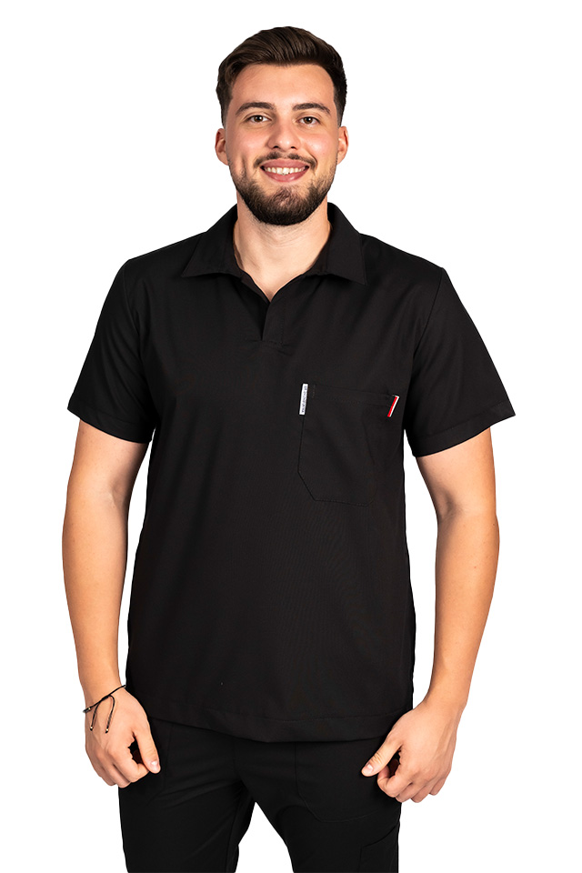 Férfi fekete, rugalmas pólóruha orvosi öltöny V-nyakú blúzzal és szabadidőnadrággal, húzózsinórral és gumival.