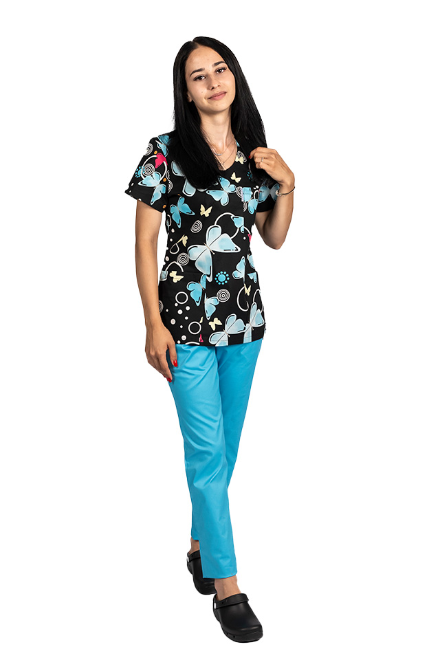 Fekete pillangómintás orvosi köpeny három foltzsebbel 