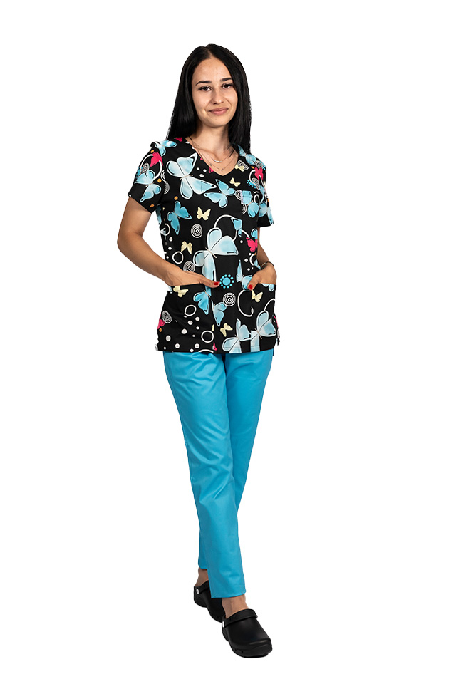 Fekete pillangómintás orvosi köpeny három foltzsebbel 