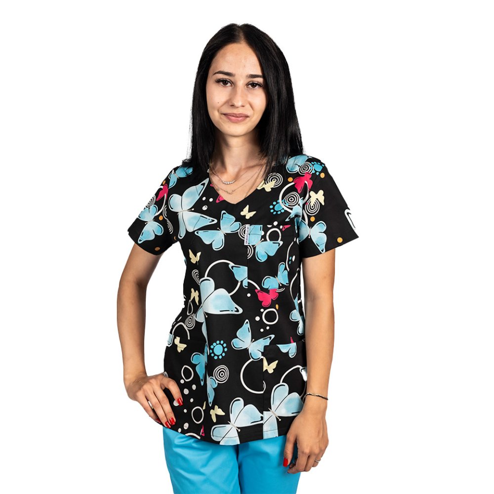 Fekete pillangómintás orvosi köpeny három foltzsebbel 