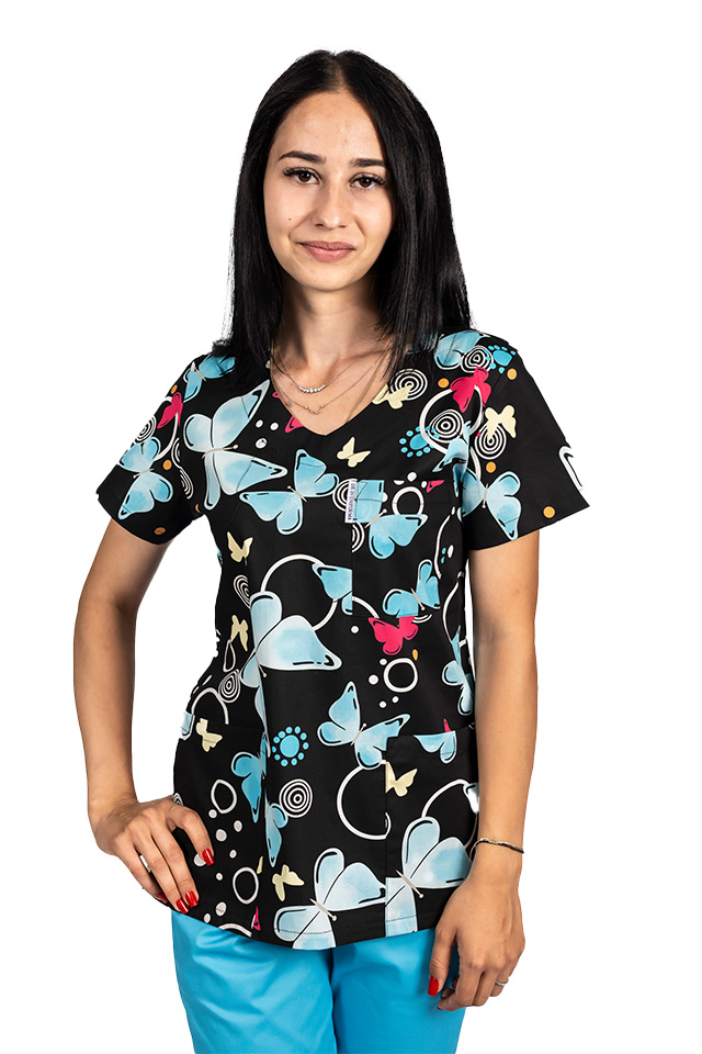 Fekete pillangómintás orvosi köpeny három foltzsebbel 