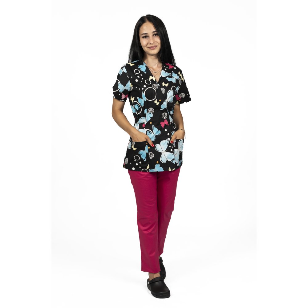 Blackbutterfly kimonó orvosi öltöny, mintás blúzzal és gumírozott nadrággal