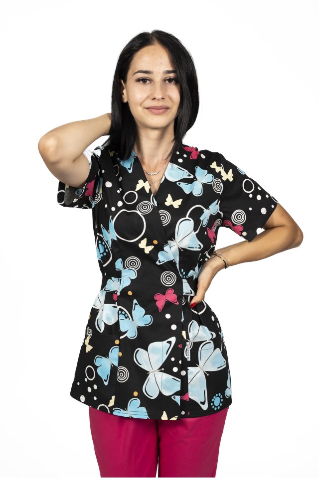 Blackbutterfly kimonó orvosi öltöny, mintás blúzzal és gumírozott nadrággal