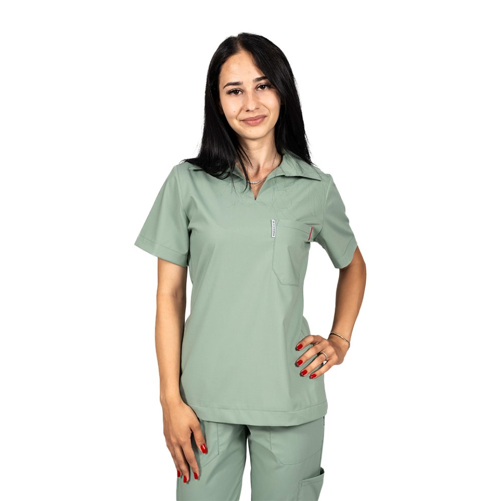 Olajzöld, rugalmas pólóruha V-nyakú blúzzal és szabadidőnadrággal, húzózsinórral és gumival