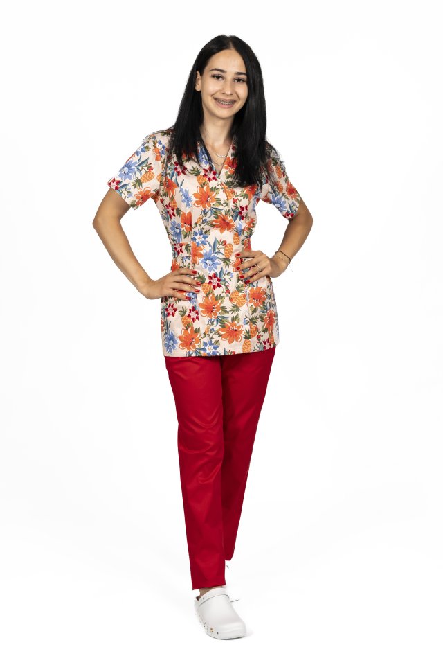 Virágos kimonó orvosi köpeny két foltzsebbel