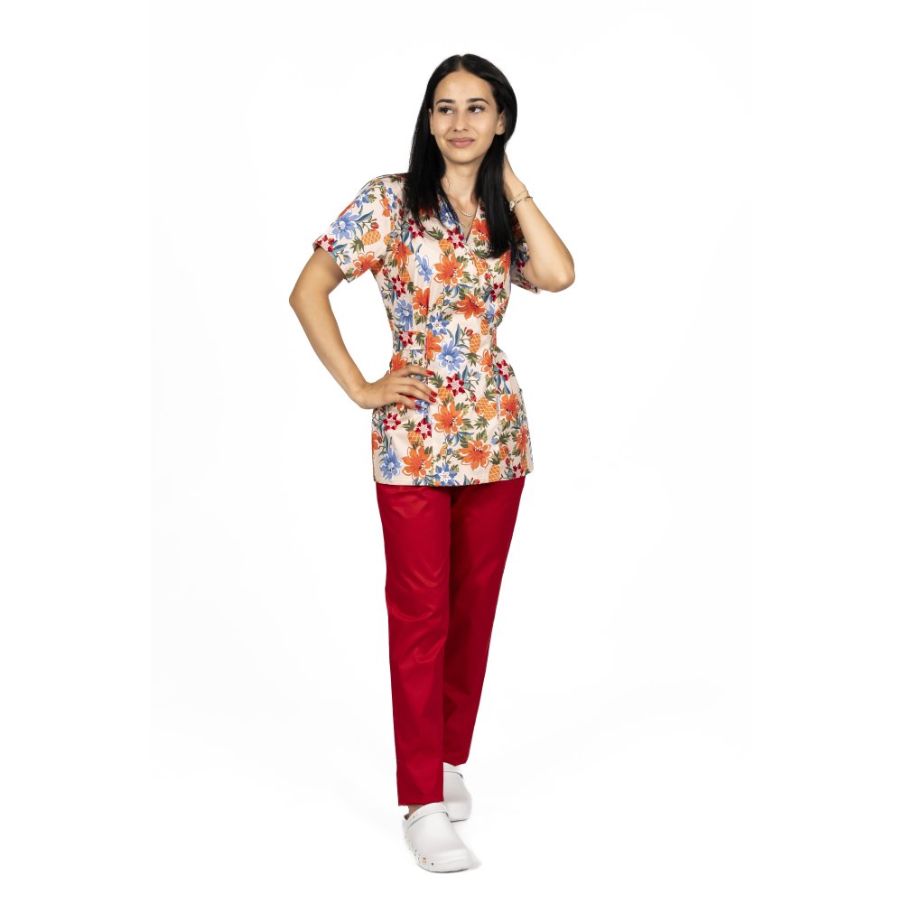 Virágos kimonó orvosi köpeny két foltzsebbel