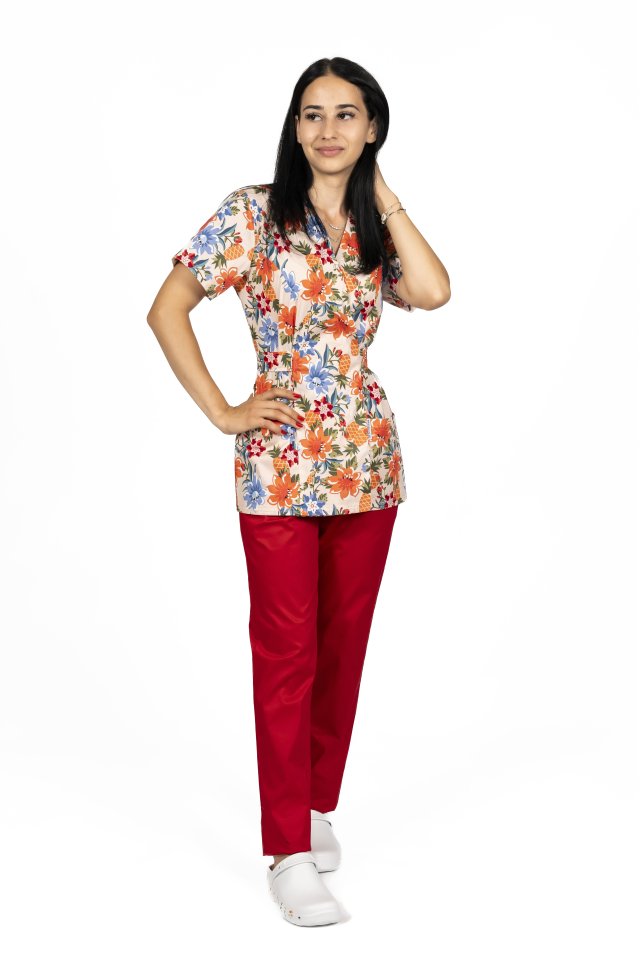 Virágos kimonó orvosi köpeny két foltzsebbel