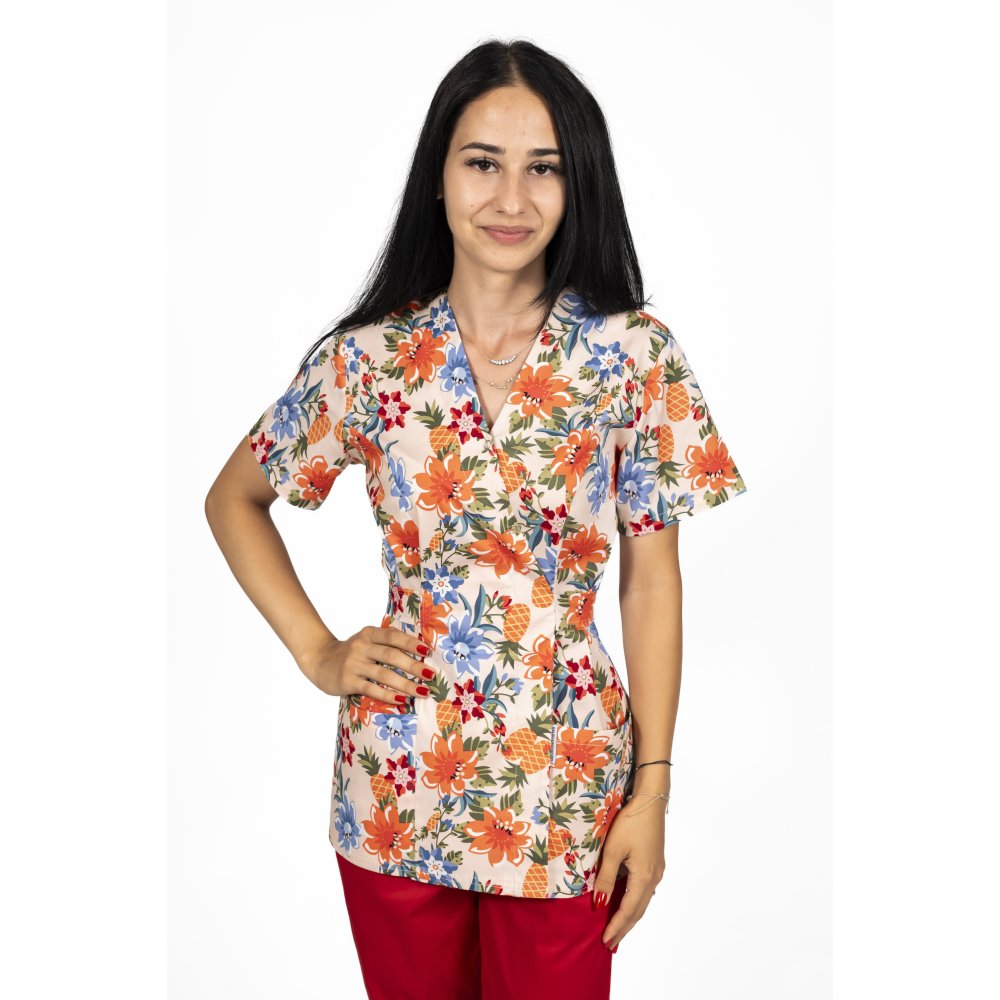 Virágos kimonó orvosi köpeny két foltzsebbel