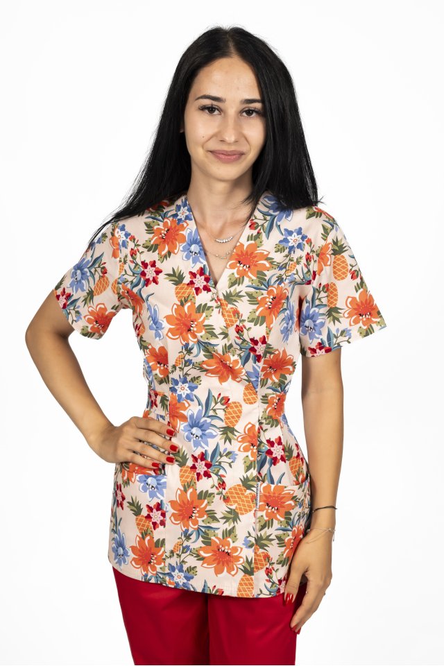 Virágos kimonó orvosi köpeny két foltzsebbel