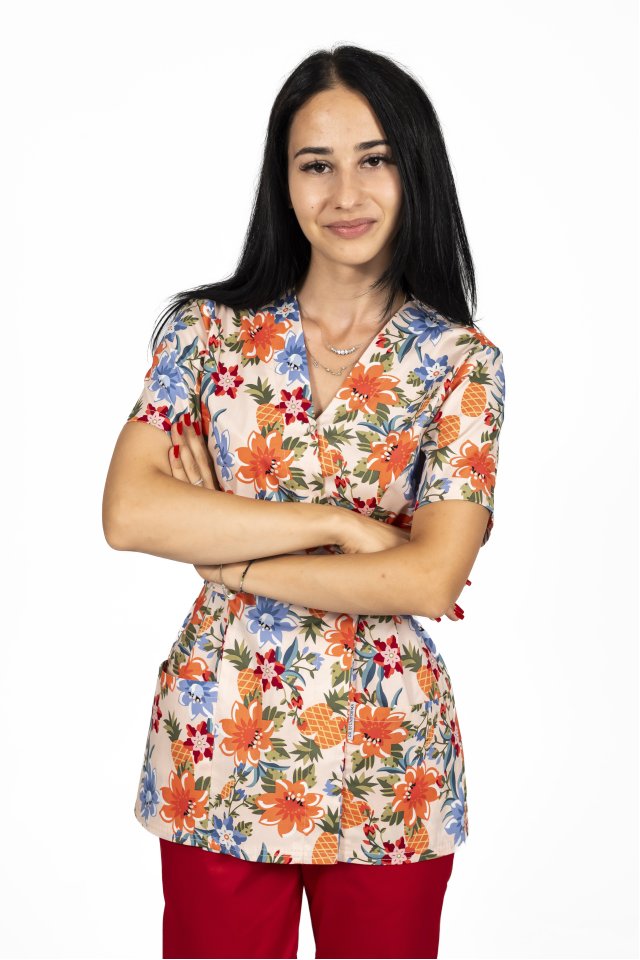 Virágos kimonó orvosi köpeny két foltzsebbel