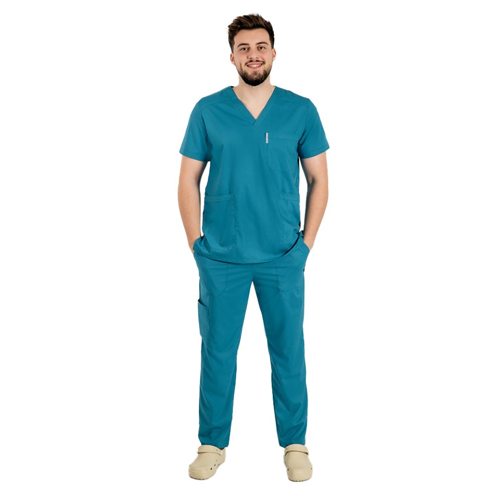 Férfi tengerkék, rugalmas orvosi öltöny V-nyakú blúzzal, húzózsinórral és rugalmas nadrággal