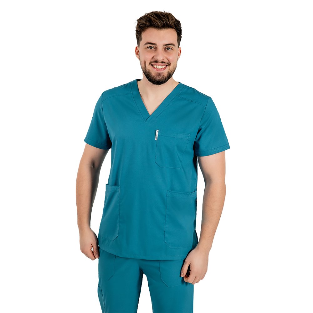 Férfi tengerkék, rugalmas orvosi öltöny V-nyakú blúzzal, húzózsinórral és rugalmas nadrággal