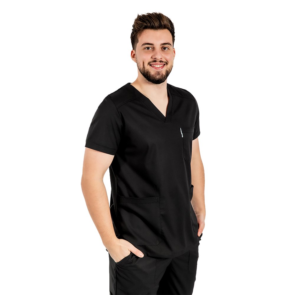 Férfi fekete, rugalmas orvosi öltöny V-nyakú blúzzal, húzózsinórral és rugalmas nadrággal