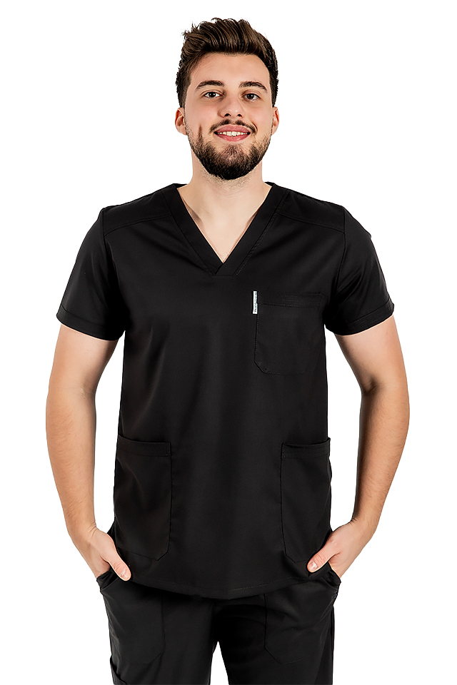 Férfi fekete, rugalmas orvosi öltöny V-nyakú blúzzal, húzózsinórral és rugalmas nadrággal