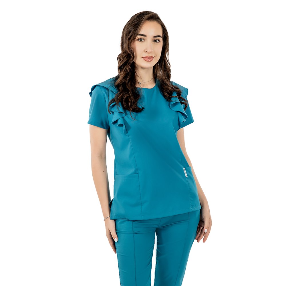 Cristina rugalmas orvosi öltöny, türkiz színű, fodros blúz és húzózsinóros, rugalmas nadrág