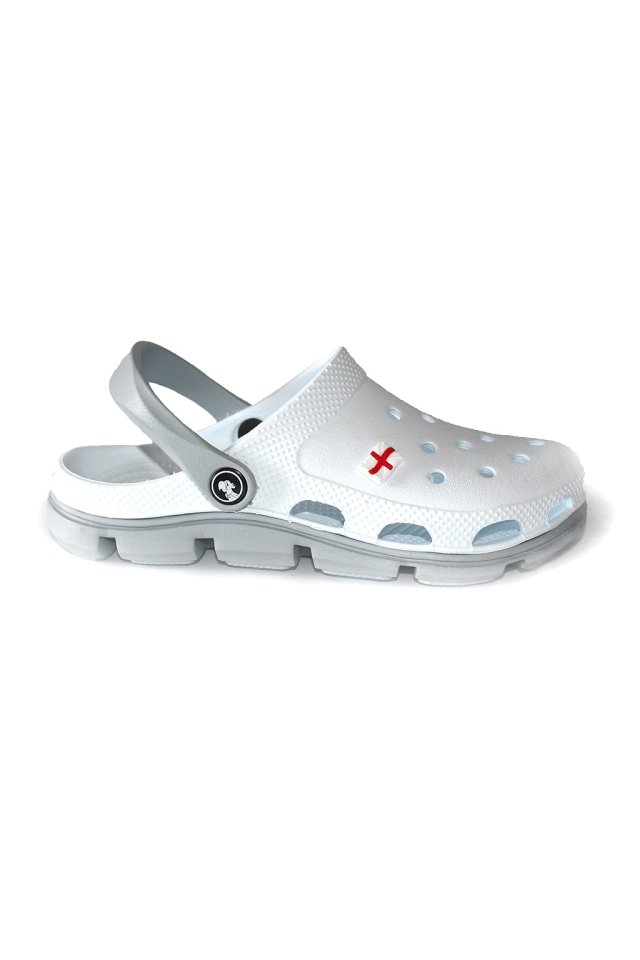 Fehér és szürke professzionális orvosi klumpa EVA habból - unisex modell, rátétekkel