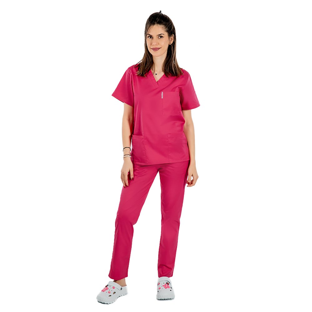 Ciklámen orvosi ruha V-alakú rögzítéssel, három zsebbel