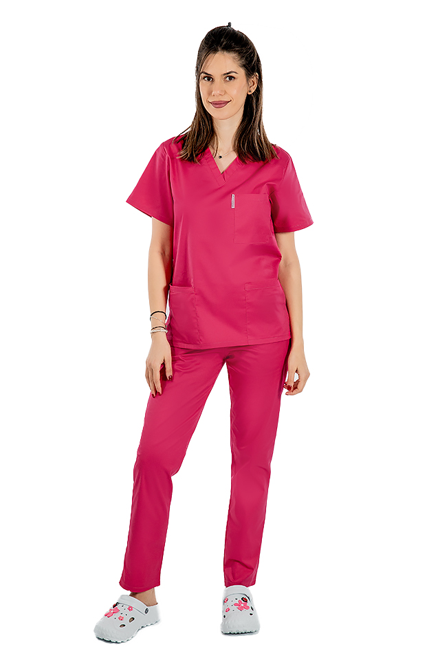 Ciklámen orvosi ruha V-alakú rögzítéssel, három zsebbel