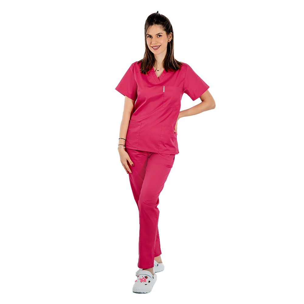 Ciklámen orvosi öltöny, V-nyakú blúz, három zseb és gumírozott nadrág