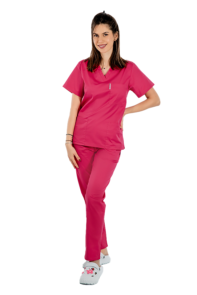 Ciklámen orvosi öltöny, V-nyakú blúz, három zseb és gumírozott nadrág