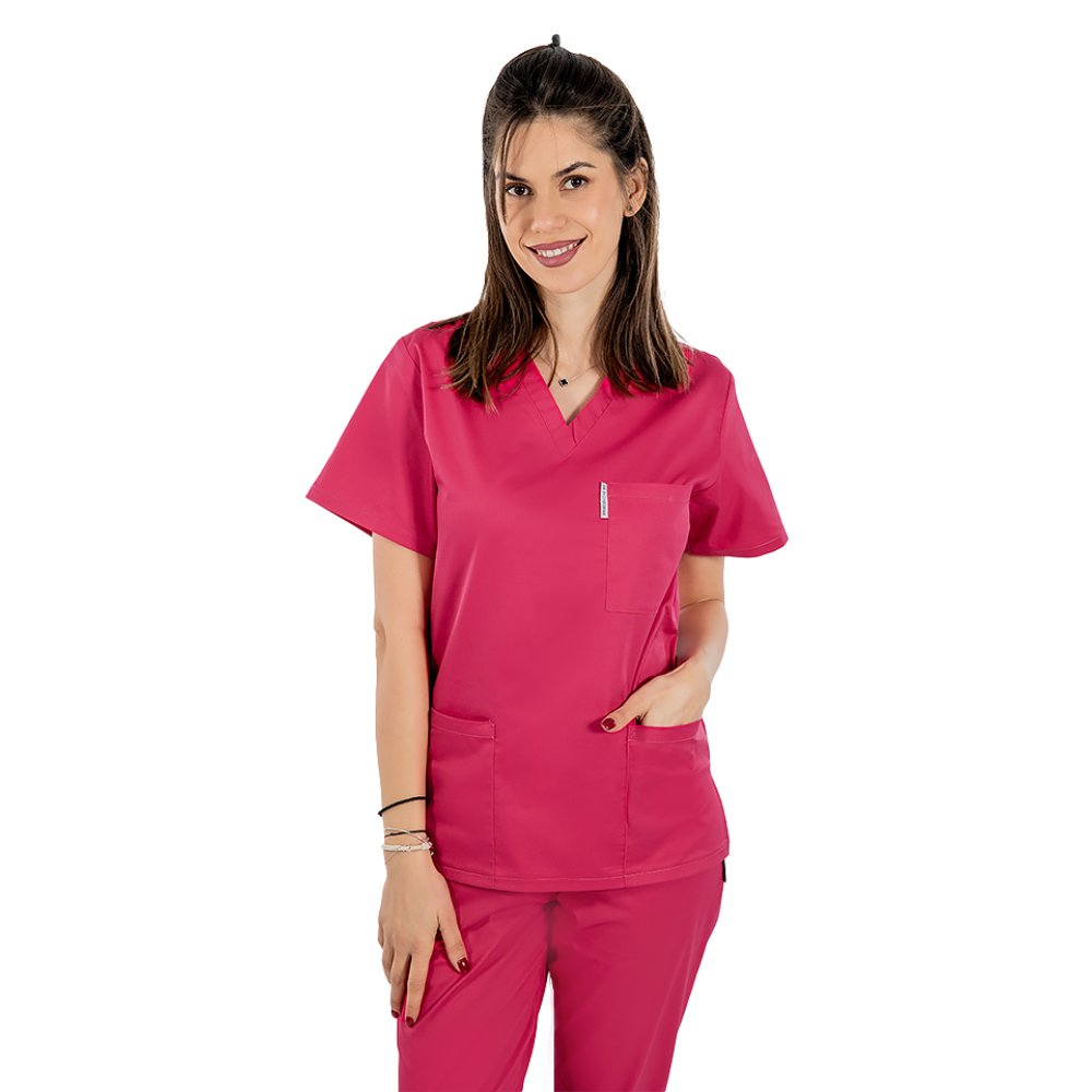 Ciklámen orvosi ruha V-alakú rögzítéssel, három zsebbel