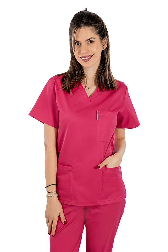 Ciklámen orvosi ruha V-alakú rögzítéssel, három zsebbel