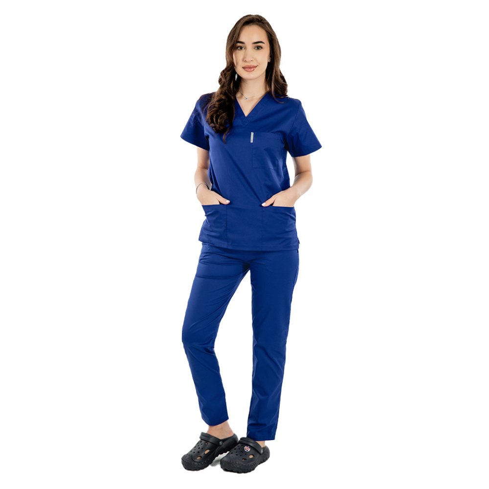  Kék orvosi ruha V-alakú rögzítéssel és három zsebbel