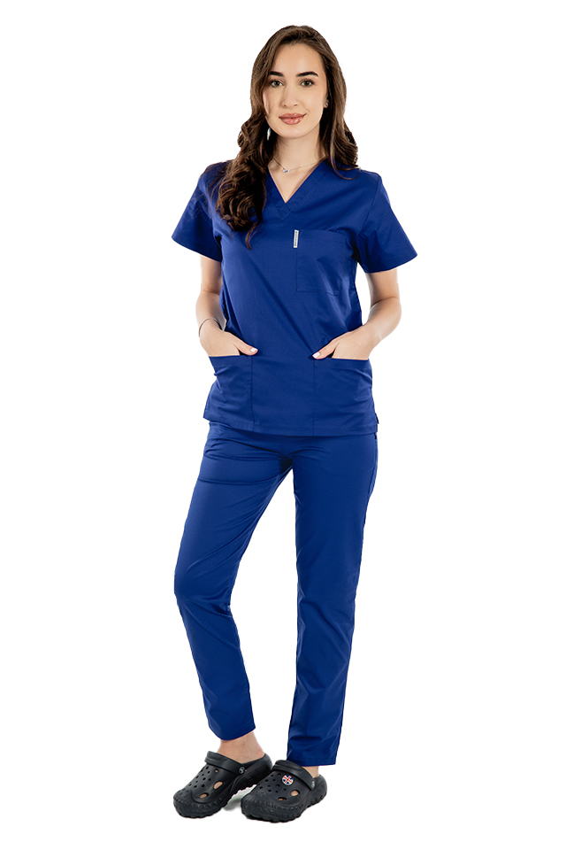  Kék orvosi ruha V-alakú rögzítéssel és három zsebbel