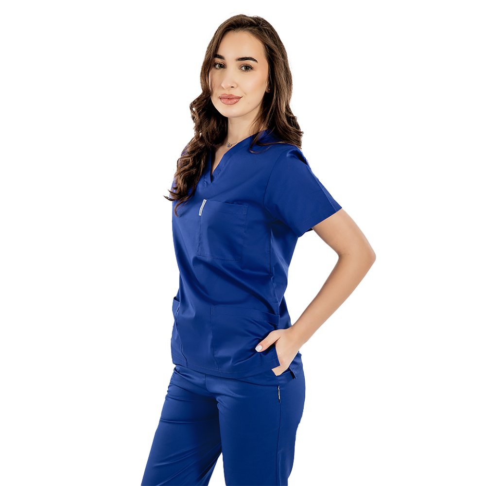  Kék orvosi ruha V-alakú rögzítéssel és három zsebbel