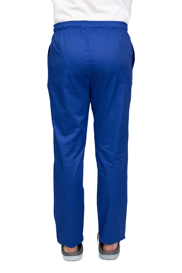 Kék színű, elasztánnal átkötött férfi orvosi nadrág, derekán húzózsinórral és két oldalsó zsebbel.