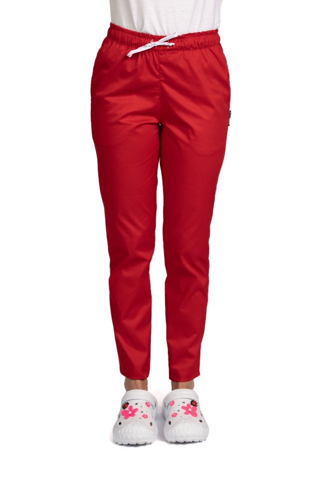  Piros orvosi nadrág gumírozással és két oldalzsebbel