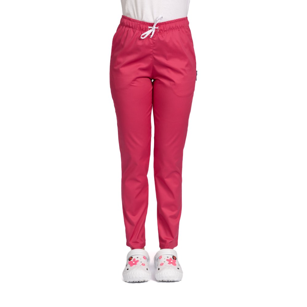 Ciklam elasztánnal készült orvosi nadrág, női modell, húzózsinórral és két oldalsó zsebbel.