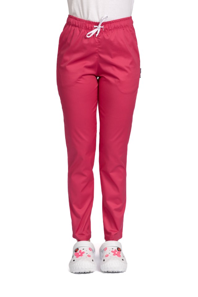 Ciklam elasztánnal készült orvosi nadrág, női modell, húzózsinórral és két oldalsó zsebbel.