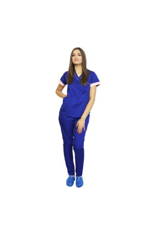  Orvosi öltöny, amely őszibarack paspol-os kék blúzból és nadrágból áll, Amani modell
