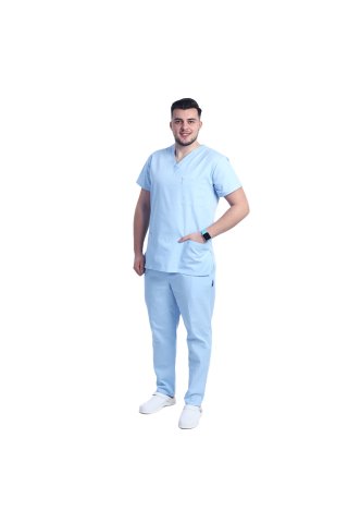 Kék férfi orvosi ruha V horgonnyal és 3 zsebbel