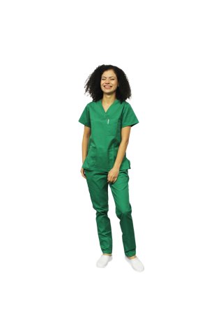  Fűzöld orvosi öltöny, V-nyakú blúz, három zseb és elasztikus nadrág