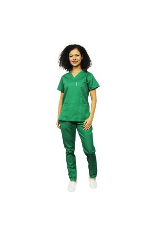  Fűzöld orvosi öltöny, V-nyakú blúz, három zseb és elasztikus nadrág