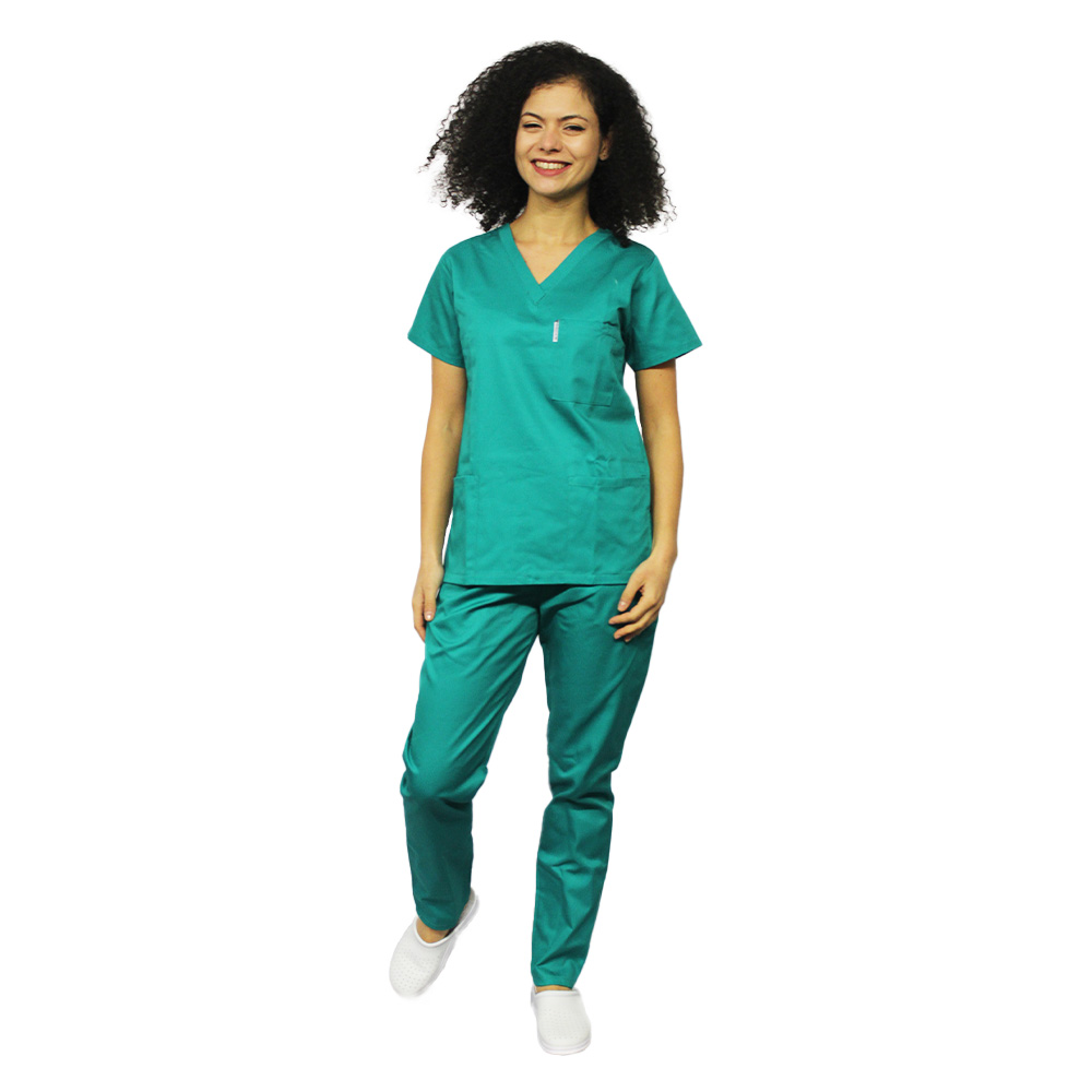 Zöld orvosi ruha V-alakú rögzítéssel, három zsebbel
