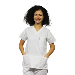  Fehér orvosi ruha V-alakú rögzítéssel és három zsebbel