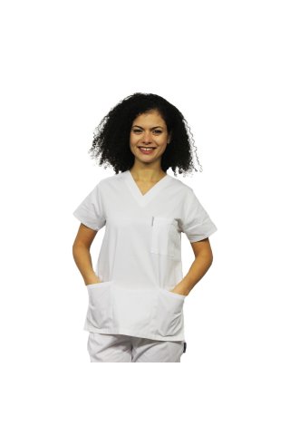 Fehér tisztítóruha V-alakú horgonyblúzzal és elasztikus nadrággal