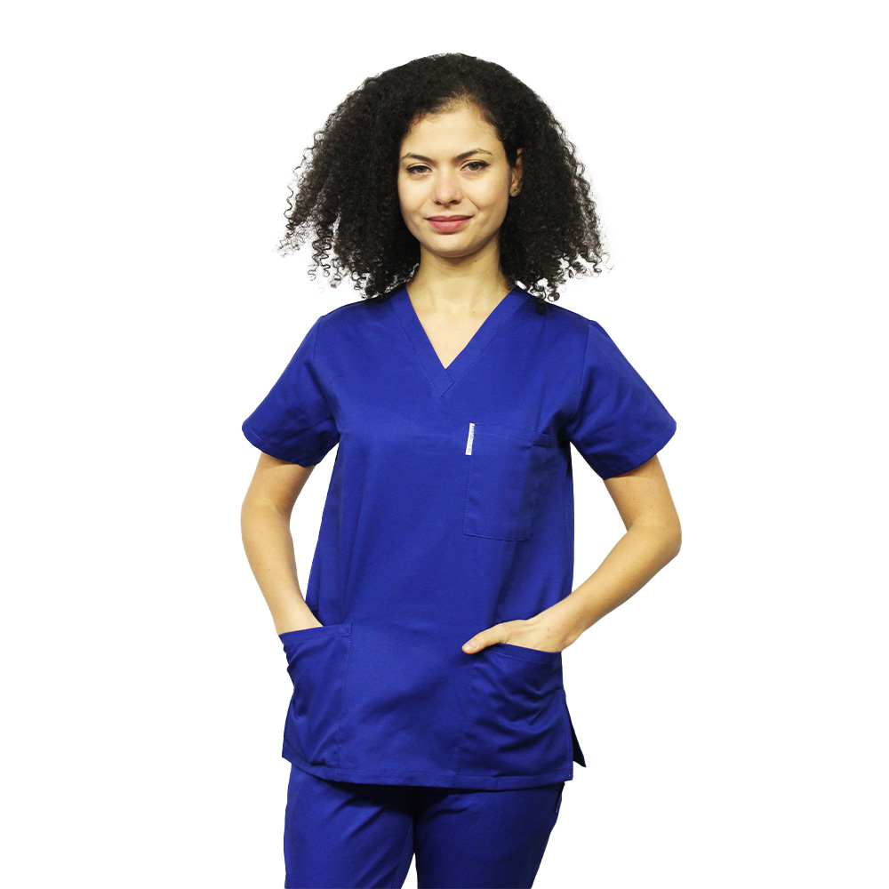  Kék orvosi ruha V-alakú rögzítéssel és három zsebbel