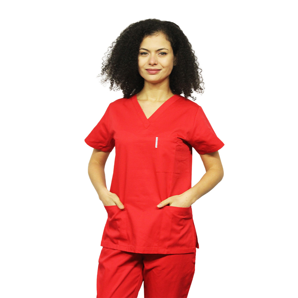 Piros orvosi ruha V-alakú rögzítéssel és három zsebbel