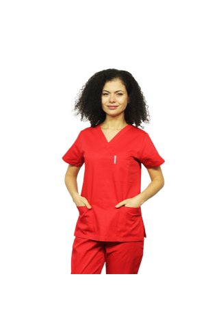 Piros orvosi ruha V-alakú rögzítéssel és három zsebbel